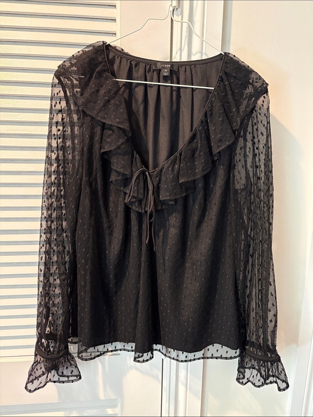 J Crew Black Sheer Swiss Dot Ruffle Tie-Neck Blouse